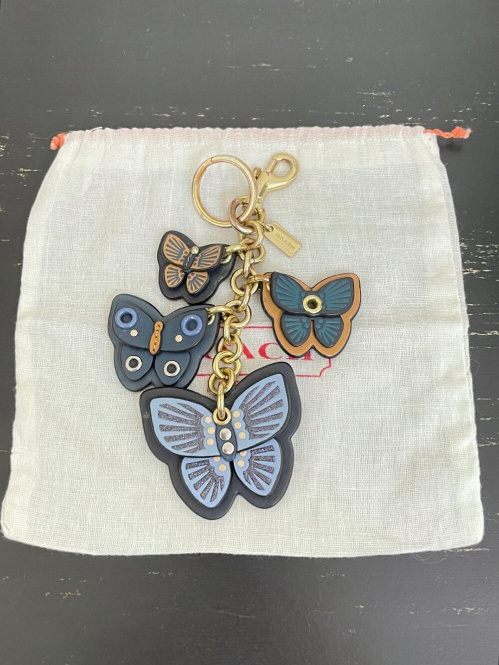 Coach Butterfly Cluster Mix Bag Charm Keychain Ring with Pouch C8224 Blue Gold
